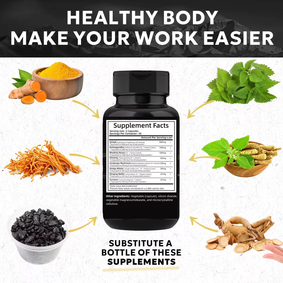 🔥 Shilajit Force+ – 8 en 1 - Ashwagandha & Ginseng pour personnes Actifs