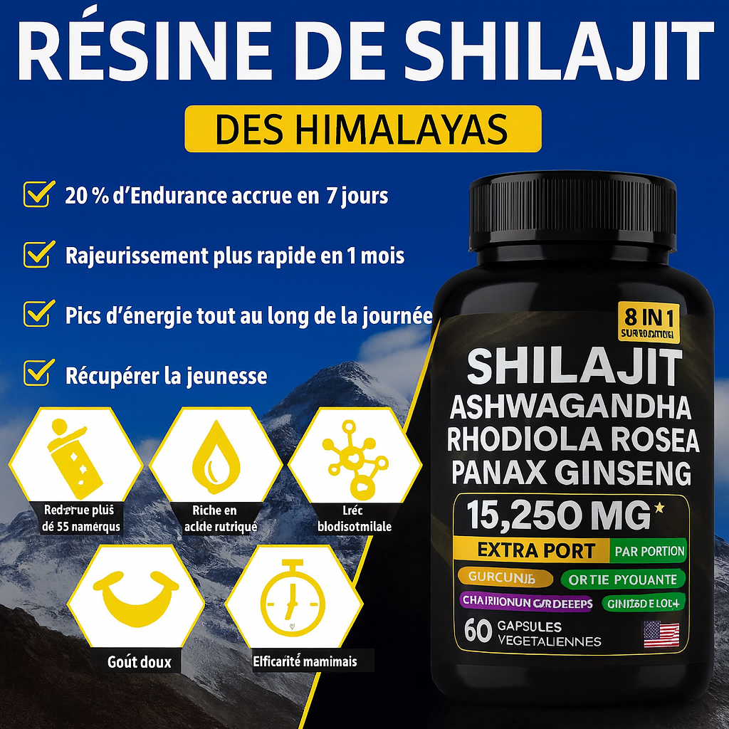 🔥 Shilajit Force+ – 8 en 1 - Ashwagandha & Ginseng pour personnes Actifs